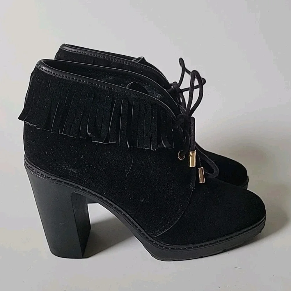 Tory Burch Hillary Fringed Suede Shearling Lace‎ Up Heeled Ankle Boots 8M Boho